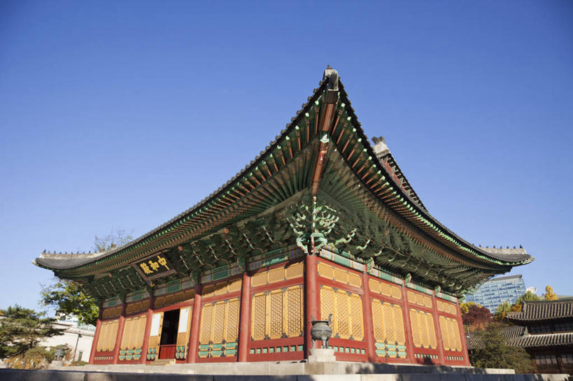 无人,宫殿,横图,室外,白天,仰视,建筑,首尔,韩国,屋顶,首都,历史,地标建筑,摄影,万里无云,德寿宫,朝鲜半岛,彩图,低角度拍摄,传统文化