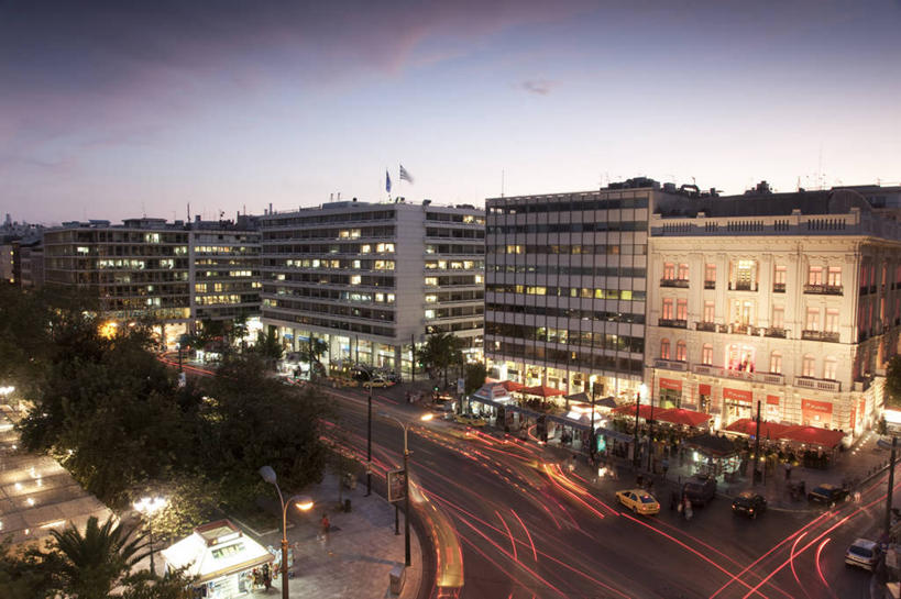 无人,横图,俯视,室外,长时间曝光,建筑,街道,希腊,交通,首都,黄昏,运输,摄影,照亮,希腊文化,宪法广场,彩图,高角度拍摄