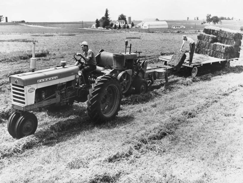 成年人,两个人,农民,农场,坐,横图,黑白,室外,白天,农业,农作物,机器,美景,汽车,美国,弯腰,地平线,景观,田地,辽阔,干草,地面,饮食,车,树,天空,自然,草垛,交通工具,广阔,机械,鸭舌帽,景色,摄影,一望无际,北美,自然风光,载具,延伸,拖拉机,露营,野营,驾车,紫花苜蓿,农具,房车,伊利诺斯州,宿营,天地相交,耕具,无边无际,一马平川,露营车,干草垛,农业机械,拖挂式房车