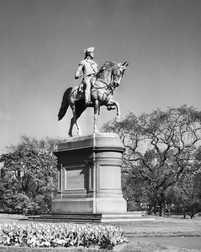 无人,竖图,黑白,室外,白天,仰视,植物,马,雕塑,美国,标志,雕像,符号,标识,树,天空,摄影,园林,北美,总统,乔治.华盛顿,底座,波士顿,马萨诸塞,波士顿公园,乔治华盛顿,军事家,政治家,性别符号,开国总统,美国总统,低角度拍摄,男性符号,过去