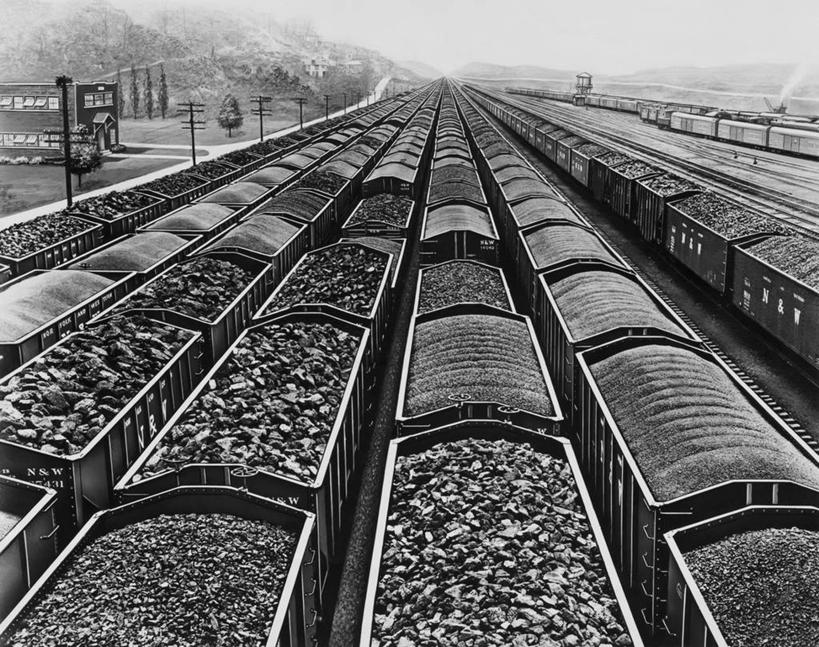 无人,横图,俯视,黑白,室外,白天,采矿业,美国,丰富,车厢,运输,摄影,能源,矿坑,北美,货运,煤,西弗吉尼亚,高角度拍摄,货运火车