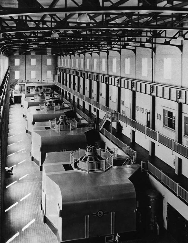 无人,竖图,俯视,黑白,室内,加拿大,发电机,发电站,工业,摄影,能源,电,北美,高角度拍摄