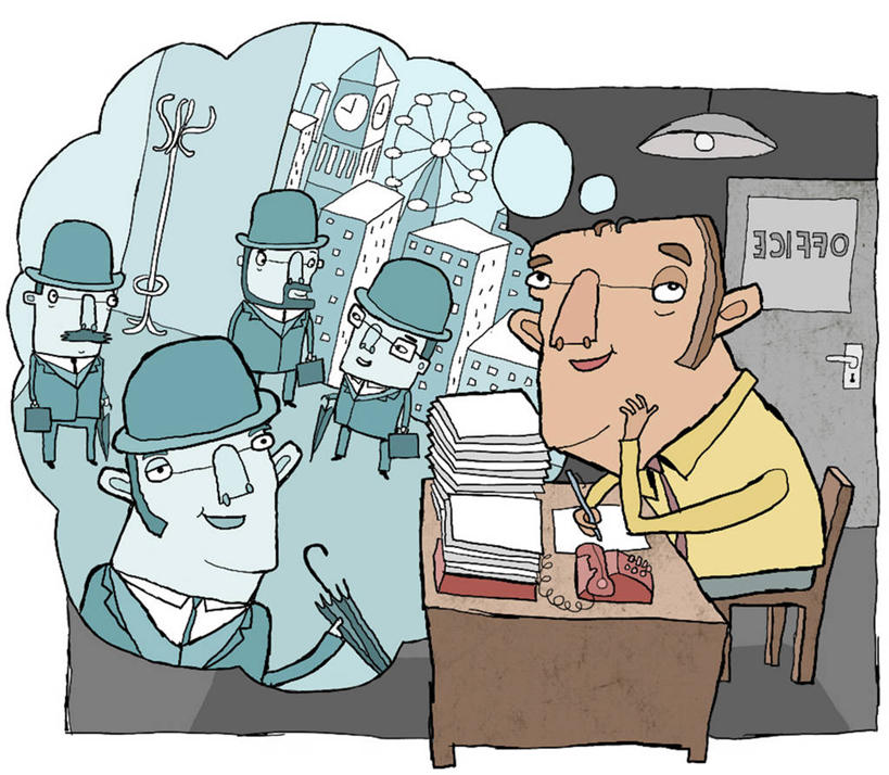 成年人,人群,办公室,站,坐,横图,插画,室内,白天,白色背景,数码,科技,帽子,五个人,撑,阴影,堆叠,网络,伞,高光,几何,计算机图形,合成,图像,图画,拿着,托腮,礼帽,书桌,水笔,架子,画,托,卡通,幽默,怀旧,电脑合成图,数码合成图,高雅,合成图,托下巴,记忆,文档,合伙,漫画,写实,具体,具象,衣帽架,想法,美术工艺,白领,彩图,讽刺画,白日梦,过去