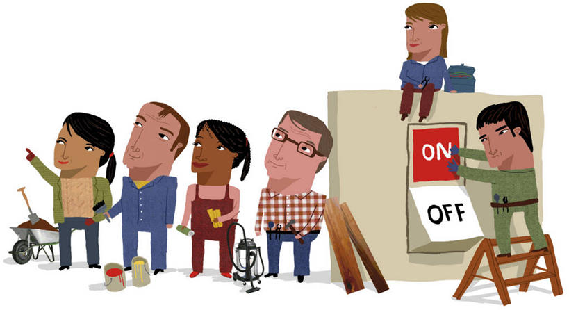 成年人,人群,清洁工,建筑工人,站,横图,插画,白色背景,数码,科技,五个人,一排,阴影,整齐,网络,梯子,园艺,高光,几何,计算机图形,合成,图画,拿着,休闲装,开关,画,排列,画笔,向上看,卡通,放松,英文字母,幽默,电脑合成图,数码合成图,合成图,队列,出示,改变,油漆工,合伙,漫画,计算机制图,写实,具体,具象,想法,美术工艺,男人,女人,手牵手,彩图,机械工人,讽刺画