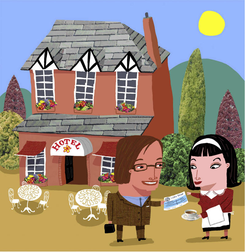 成年人,两个人,站,笑,微笑,露齿笑,竖图,方图,插画,室外,白天,旅游,度假,绘画,数码,科技,美景,山,太阳,桌子,建筑,酒店,椅子,阴影,艺术,网络,景观,高光,几何,计算机图形,古典,合成,图画,拿着,文化,娱乐,画,树,自然,工艺品,品味,享受,休闲,卡通,景色,放松,金融,理财,经济,幽默,支票,美术,电脑合成图,数码合成图,女仆,高雅,合成图,自然风光,漫画,贸易,计算机制图,万里无云,写实,具体,具象,美学,美术工艺,男人,女人,彩图,顾问,讽刺画,金融投资顾问