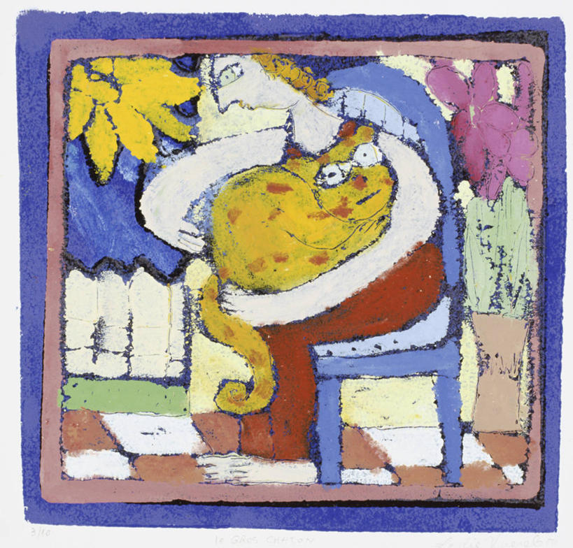 一个人,坐,横图,方图,插画,室外,白天,数码,科技,太阳,宠物,猫,椅子,阴影,朦胧,模糊,网络,篱笆,高光,几何,计算机图形,合成,图画,画,电脑合成图,数码合成图,合成图,漫画,爱抚,写实,具体,具象,彩图