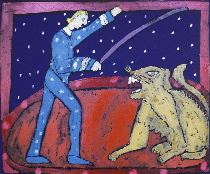 成年人,一个人,舞台,马戏团,站,坐,举,横图,插画,室内,正面,数码,科技,虎,狮子,仅一个男性,阴影,艺术,网络,高光,几何,计算机图形,合成,图画,拿着,画,托,张嘴,颜色,人体,电脑合成图,数码合成图,合成图,鞭子,漫画,演出服,张大嘴巴,写实,具体,具象,勇气,驯兽师,美术工艺,危险,手臂,张开嘴,举起,举手,举着,向上举,向上伸,向上托,彩图