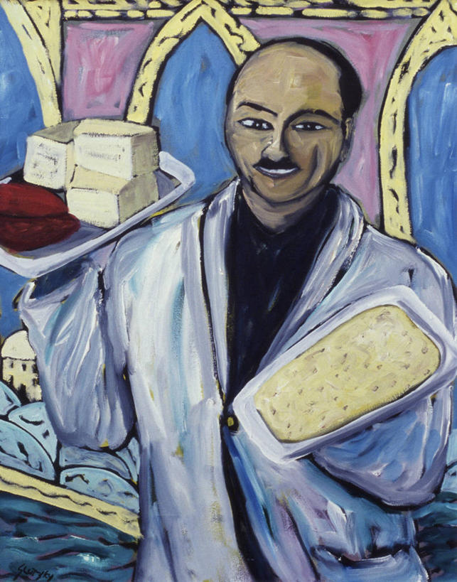 面包,奶酪,成年人,一个人,微笑,竖图,插画,绘画,骄傲,数码,科技,油画,仅一个男性,阴影,艺术,网络,高光,几何,计算机图形,古典,合成,餐盘,图画,文化,饮食,画,工艺品,品味,美术,电脑合成图,数码合成图,高雅,合成图,运送,上菜,出示,漫画,写实,具体,具象,美学,茄克,小胡子,半身,彩图