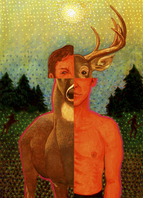 成年人,一个人,站,竖图,插画,室外,白天,正面,绘画,数码,科技,鹿,日光,仅一个男性,阴影,艺术,网络,高光,几何,计算机图形,古典,合成,图画,文化,裸露,画,树,天空,自然,工艺品,品味,力量,食草动物,美术,电脑合成图,数码合成图,创造力,高雅,合成图,文学,雄鹿,鹿角,裸,漫画,写实,具体,具象,美学,美术工艺,丙稀画,中午,半身,彩图,超现实主义,流派,性格,艺术流派