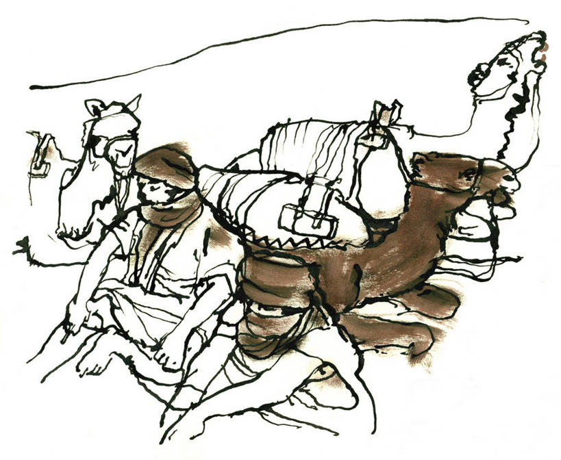 成年人,两个人,坐,横图,插画,室外,白天,白色背景,数码,科技,沙漠,非洲,摩洛哥,三只,阴影,网络,高光,几何,计算机图形,合成,图画,蜡笔画,骆驼,画,放松,食草动物,电脑合成图,数码合成图,合成图,漫画,写实,具体,具象,单峰骆驼,撒哈拉沙漠,美术工艺,摩洛哥文化,线条画,彩图,传统服装,柏柏尔人