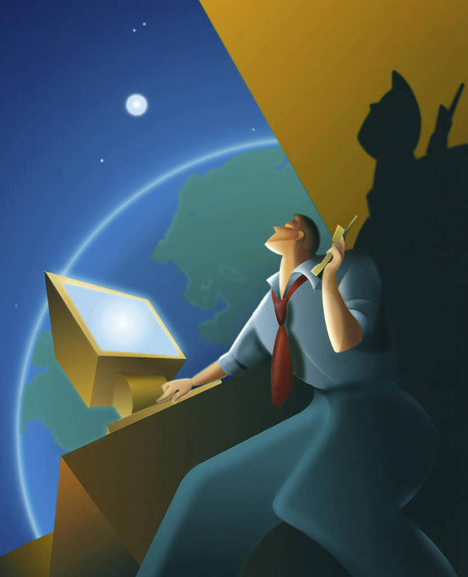 成年人,一个人,商务人士,商务男性,竖图,插画,室外,夜晚,衬衫,商务,电脑,显示器,鼠标,键盘,技术,数码,科技,仅一个男性,阴影,套装,研究,太空,网络,地球仪,地球,星星,满月,高光,几何,计算机图形,联系,合成,图画,输入设备,通讯设备,画,蓝色,台式电脑,电脑合成图,数码合成图,无绳电话,创造力,企业,公司,合成图,通信设备,商务装,计算机设备,漫画,工薪阶层,输出设备,计算机制图,写实,具体,具象,白领,上班族,彩图,衬衣,了解