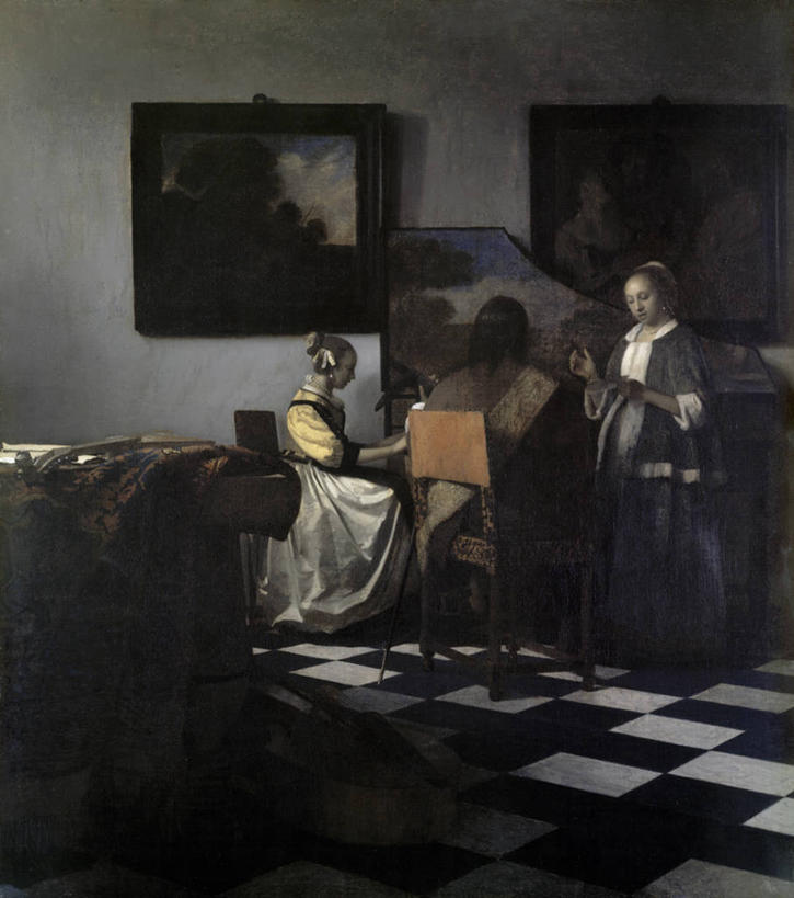 成年人,三个人,人群,站,坐,竖图,插画,室内,白天,绘画,数码,科技,椅子,油画,表演,阴影,艺术,网络,乐器,高光,几何,计算机图形,古典,音乐,合成,图画,拿着,文化,画,工艺品,品味,砖地,美术,电脑合成图,数码合成图,专心,高雅,合成图,漫画,巴洛克风格,写实,具体,具象,美学,技能,男人,女人,彩图,大键琴