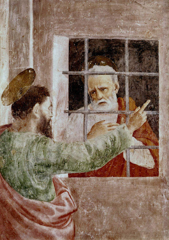 成年人,两个人,竖图,插画,室外,白天,数码,科技,光晕,窗户,阴影,装饰,网络,圣经,高光,几何,计算机图形,文艺复兴,合成,图画,画,宗教,电脑合成图,数码合成图,基督教,犯人,合成图,牢房,漫画,处罚,写实,具体,具象,圣人,美术工艺,圣彼得,说话,半身,彩图