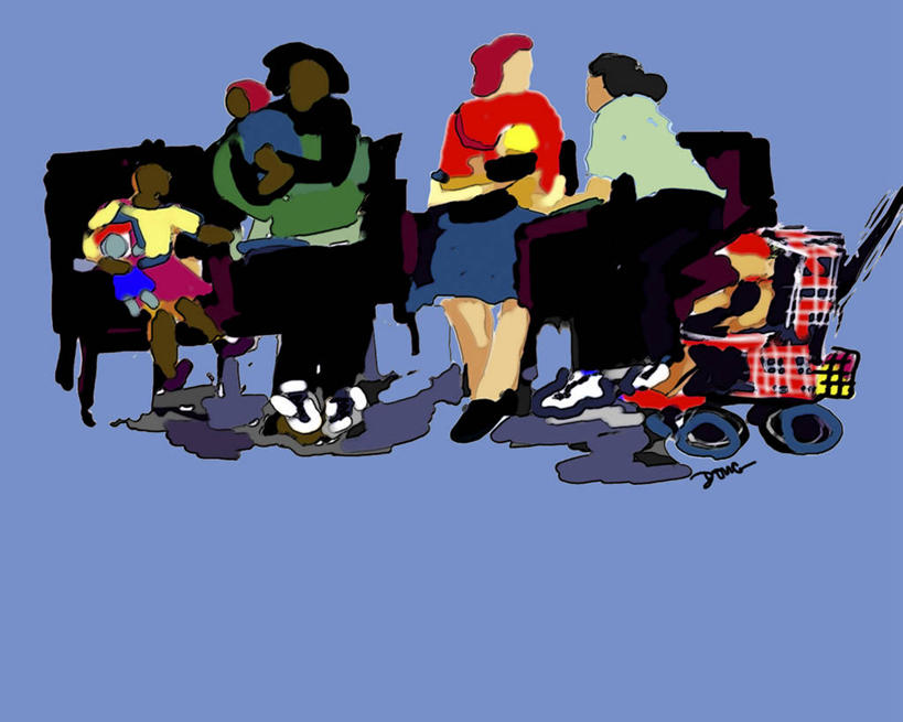 婴儿,成年人,中年人,人群,母亲,女儿,儿子,病人,坐,横图,插画,数码,科技,阴影,网络,高光,几何,计算机图形,合成,图画,画,婴儿车,电脑合成图,数码合成图,扶手椅,合成图,手艺,等,漫画,等候室,计算机制图,写实,具体,具象,美术工艺,中年女性,说话,彩图,修脚