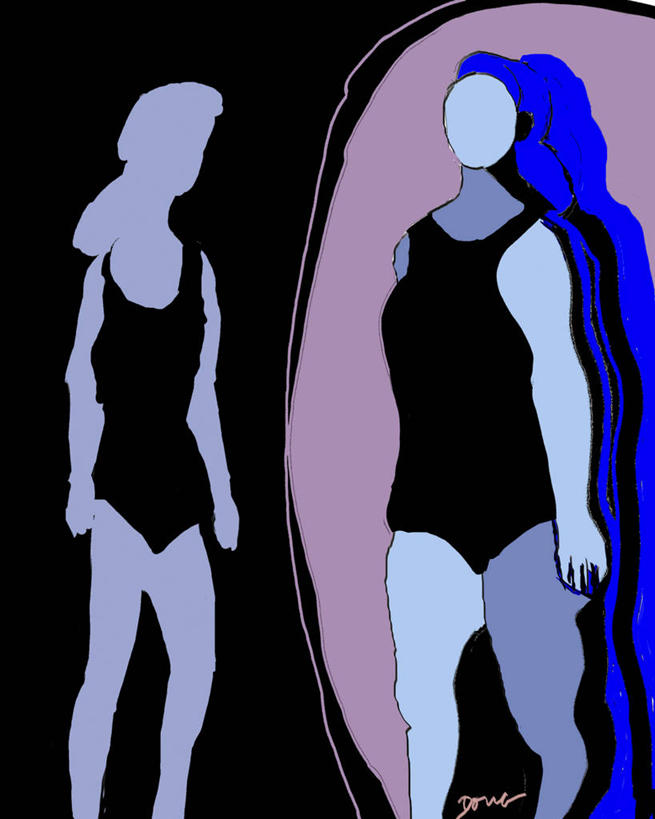 成年人,一个人,站,竖图,插画,抽象,泳装,化妆,美容,绘画,数码,科技,镜子,仅一个女性,护肤,阴影,黑色背景,艺术,反射,网络,高光,几何,计算机图形,古典,合成,图画,文化,画,黑色,工艺品,品味,保养,享受,休闲,面对面,放松,保健,人体,美术,电脑合成图,数码合成图,马尾辫,高雅,合成图,反差,漫画,渴望,养颜,计算机制图,写实,具体,具象,美学,美术工艺,彩图,SPA美容,精神疾病,神经性厌食症,错觉,进食障碍