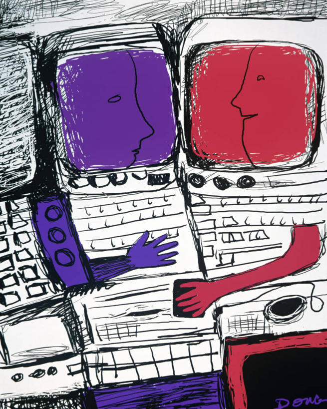 两个人,微笑,竖图,插画,抽象,绘画,通讯,友谊,显示器,鼠标,键盘,技术,数码,科技,阴影,艺术,网络,高光,几何,计算机图形,古典,合成,图画,文化,输入设备,通讯设备,画,红色,紫色,工艺品,品味,面对面,美术,电脑合成图,数码合成图,高雅,合成图,通信设备,漫画,计算机制图,写实,具体,具象,美学,美术工艺,电脑键盘,触摸,说话,彩图,计算机软件