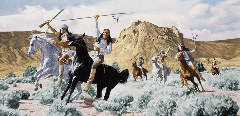 西方人,成年人,人群,举,横图,全景,插画,室外,白天,绘画,数码,科技,山,雪,哺乳动物,马,野生动物,欧洲,欧洲人,骑马,阴影,艺术,网络,枪支,束发带,地形,云,高光,几何,计算机图形,古典,合成,图画,拿着,历史,文化,画,动物,工艺品,品味,托,武器,人体,签名,美术,电脑合成图,数码合成图,缰绳,高雅,合成图,进攻,漫画,矛,写实,具体,具象,美学,美术工艺,男人,女人,白种人,手臂,举起,举手,举着,向上举,向上伸,向上托,彩图,传统服装,阿帕奇族,过去