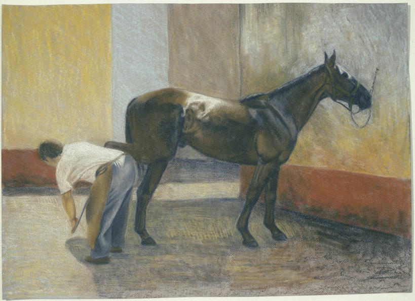 成年人,一个人,铁匠,横图,插画,室内,白天,侧面,数码,科技,马,仅一个男性,阴影,网络,围裙,墙,高光,几何,计算机图形,合成,图画,休闲装,蜡笔画,画,靠,靠着,家畜,电脑合成图,数码合成图,缰绳,合成图,马蹄铁,漫画,写实,具体,具象,彩图