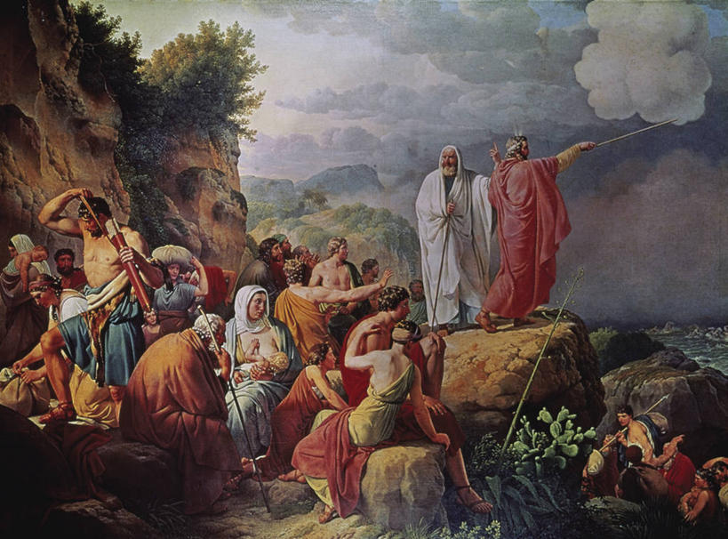 成年人,人群,横图,插画,室外,白天,数码,科技,海洋,阴影,网络,悬崖,云,许多人,高光,几何,计算机图形,合成,图画,画,一群人,指导,保护,电脑合成图,数码合成图,基督教,合成图,漫画,19世纪,写实,具体,具象,神迹,旧约,男人,女人,彩图,传统服装