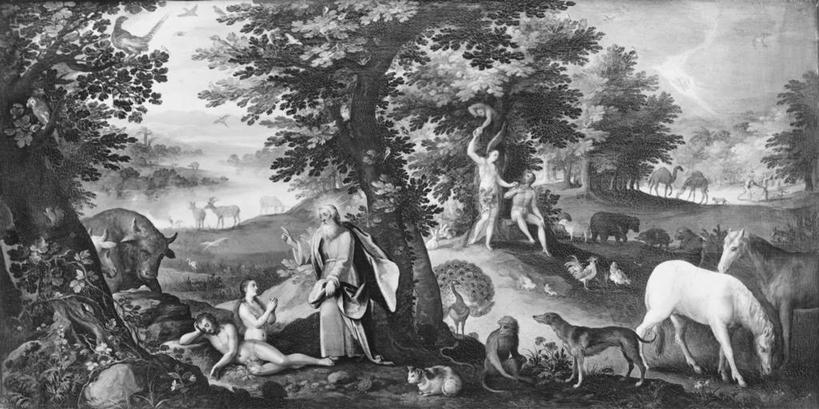 成年人,裸体,人群,横图,全景,黑白,插画,室外,白天,绘画,数码,科技,狗,孔雀,马,猫,猴子,五个人,一群,许多,阴影,艺术,网络,长袍,很多,高光,几何,计算机图形,古典,合成,图画,文化,画,工艺品,品味,祈祷,美术,电脑合成图,数码合成图,高雅,合成图,漫画,写实,具体,具象,美学,母牛,旧约,伊甸园,夏娃,亚当,开端,男人,女人,排除