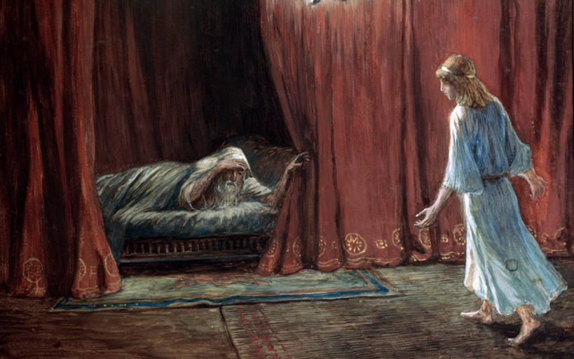 儿童,成年人,老年人,两个人,横图,插画,室内,白天,绘画,数码,科技,窗帘,床,卧室,阴影,睡衣,艺术,网络,长袍,高光,几何,计算机图形,古典,合成,图画,历史,文化,起床,画,工艺品,品味,手势,赤脚,宗教,美术,电脑合成图,数码合成图,侧卧,高雅,基督教,合成图,手艺,漫画,写实,具体,具象,美学,旧约,迷惑,美术工艺,老年男性,男孩,男人,男性,步行,彩图,打手势,弱点