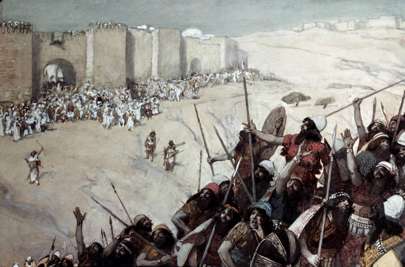 成年人,人群,横图,插画,室外,白天,绘画,数码,科技,城市,阴影,艺术,网络,墙,圣经,高光,几何,计算机图形,合成,图画,画,武器,宗教,颜料,美术,电脑合成图,数码合成图,基督教,合成图,进攻,群众,漫画,矛,写实,具体,具象,战役,埋伏,旧约,战场,彩图