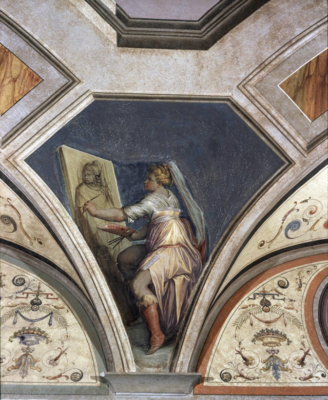 成年人,一个人,模特,坐,竖图,插画,室内,白天,数码,科技,天花板,意大利,仅一个女性,阴影,花纹,装饰,网络,高光,几何,计算机图形,文艺复兴,合成,图画,画,艺术家,电脑合成图,数码合成图,创造力,专心,高雅,合成图,漫画,写实,具体,具象,模特儿,彩图,传统服装,阿雷佐