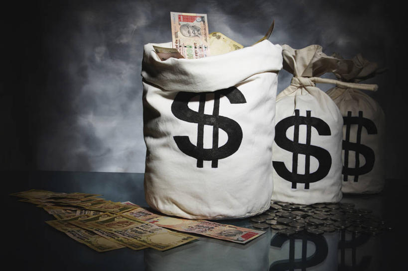 无人,横图,灰色背景,丰富,包,灰色,夸张,金融,纸币,摄影,偷盗,美元符号,硬币,彩图,影棚拍摄