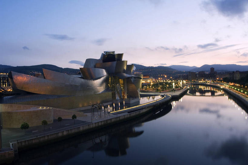 无人,设计师,博物馆,横图,室外,河流,日落,西班牙,欧洲,反射,黄昏,摄影,美术馆,巴斯克自治区,毕尔巴鄂,古根汉姆博物馆,彩图