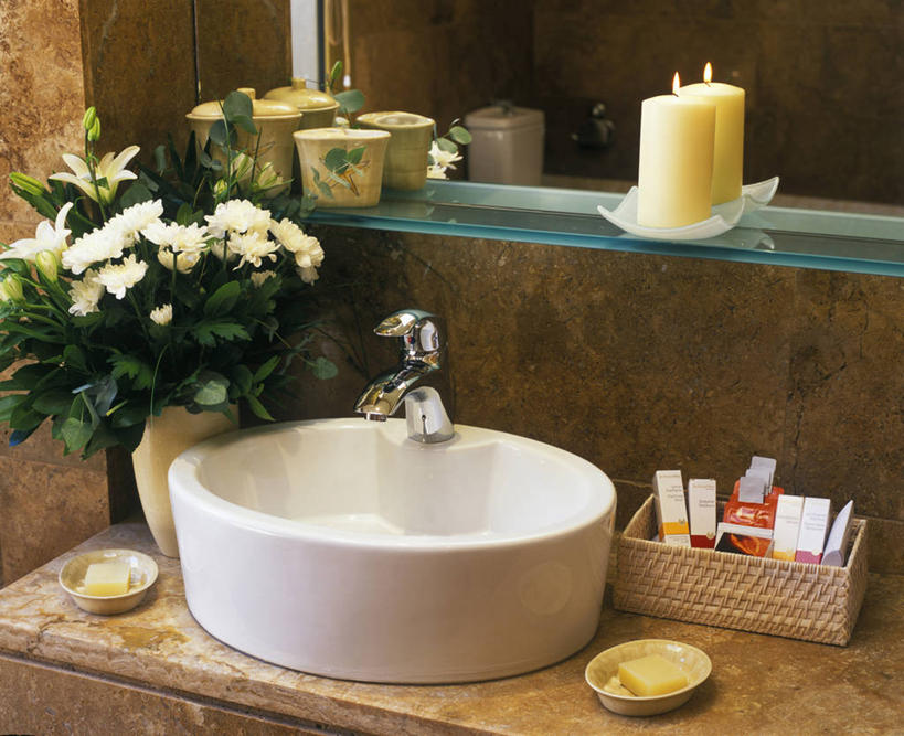 无人,横图,室内,度假,镜子,浴室,酒店,蜡烛,希腊,水槽,花,装饰物,肥皂,摄影,华贵,彩图