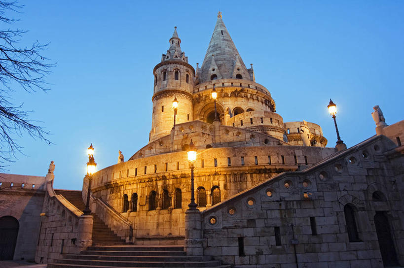 无人,横图,室外,童话故事,日出,城市,建筑,路灯,欧洲,城堡,首都,黄昏,地标建筑,摄影,照亮,布达佩斯,哥特式风格,东欧,多瑙河,匈牙利共和国,渔人堡,彩图