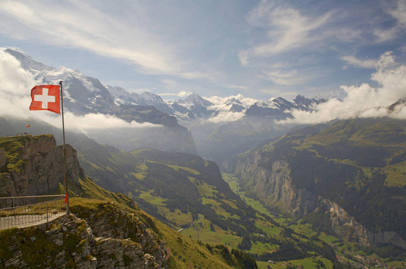 无人,横图,全景,室外,草地,山,山脉,雪,瑞士,欧洲,山顶,山谷,绿色,风景,夏天,看,摄影,瑞士国旗,少女峰,彩图