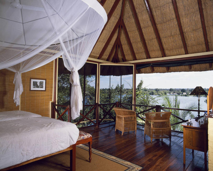 无人,横图,室内,度假,时尚,河流,水,窗户,床,卧室,酒店,非洲,赞比亚,网,蚊帐,摄影,华贵,利文斯敦,彩图,小屋,四柱床