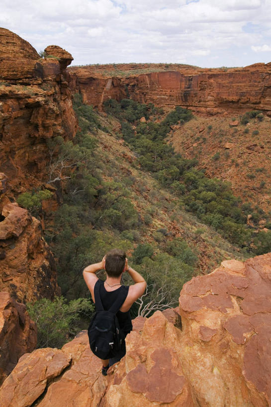 成年人,中年人,一个人,竖图,室外,旅游,度假,峡谷,澳大利亚,仅一个男性,行人,游客,游人,悬崖,高处,娱乐,路人,旅客,看,享受,休闲,放松,摄影,峭壁,国家公园,大洋洲,沟壑,澳洲,监视,视角,背包客,南方大陆,澳大利亚联邦,北领地,过客,冒险,男人,年轻人,岩石,彩图,旅行,瓦塔卡国家公园,背包族