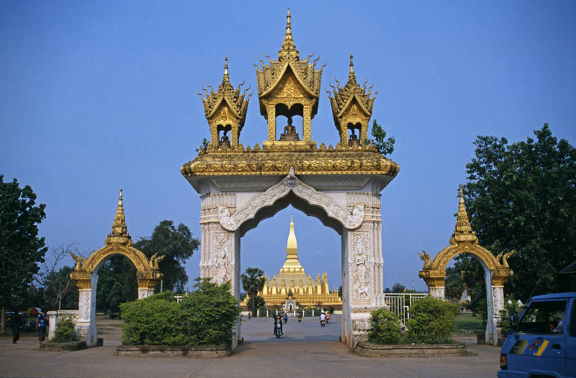 无人,横图,建筑,老挝,雕像,大门,拱门,首都,佛,佛塔,金色,摄影,东南亚,佛教,复杂,万象,塔銮,彩图