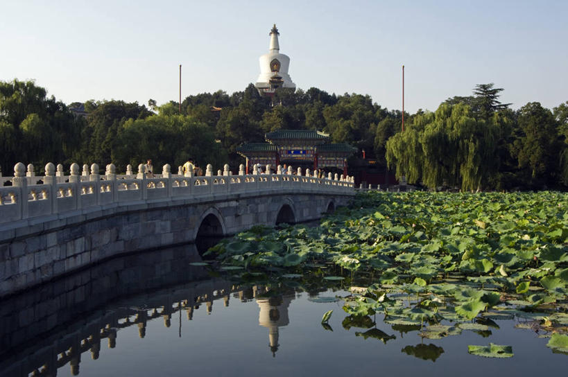 无人,公园,寺庙,横图,室外,白天,度假,湖,水,城市,建筑,睡莲,北海公园,北京,日光,亚洲,反射,地形,桥,首都,历史,佛塔,树,蓝色,风景,天空,地标建筑,摄影,宗教,佛教,中国文化,护城河,北海市,彩图,旅行,传统文化