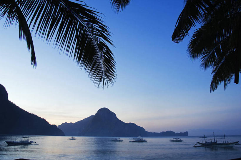 无人,横图,室外,夜晚,海洋,山,水,棕榈树,菲律宾,亚洲,海湾,树,风景,自然,黄昏,摄影,东南亚,轮廓,宁静,剪影,巴拉望,爱妮岛,天堂镇,海滩,彩图,罢工,美人