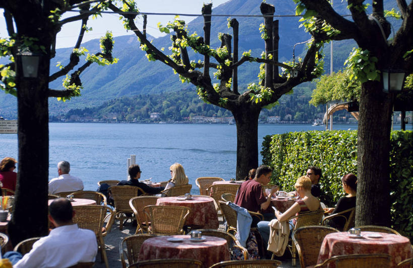 横图,室外,吃饭,水,桌子,椅子,意大利,树,摄影,伦巴第大区,科摩湖,科莫,彩图