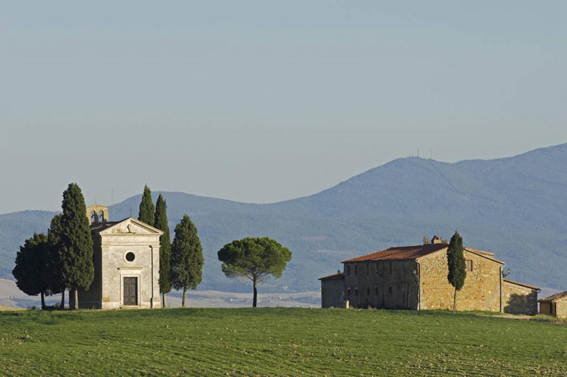 无人,农场,教堂,横图,室外,农业,美景,山,山脉,建筑,意大利,欧洲,房屋,景观,树,自然,景色,摄影,宗教,自然风光,托斯卡纳区,维得斯卡,皮恩札,农舍,彩图