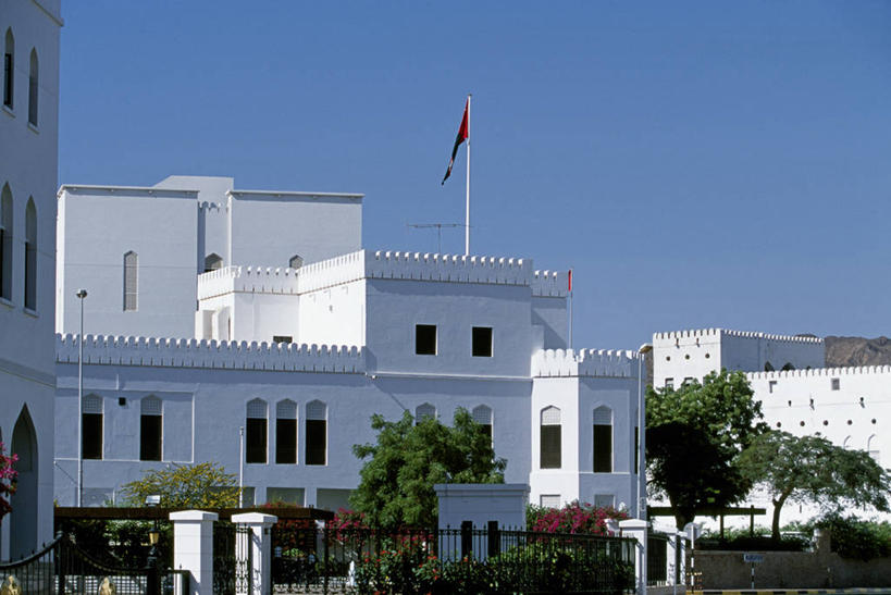 无人,办公室,横图,建筑,旗帜,日光,阿曼,亚洲,首都,图像,杆,蓝色,白色,天空,摄影,政府,波斯湾,大马斯喀特,完美,彩图