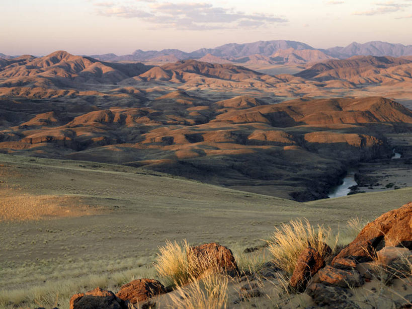 无人,横图,室外,沙漠,山脉,非洲,安哥拉,纳米比亚,沙子,地形,草,摄影,红灯,早晨,照明设备,干的,彩图
