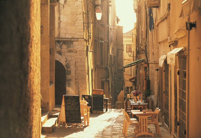 无人,横图,日落,街道,意大利,欧洲,城镇,摄影,科西嘉,西欧,意大利文化,法国文化,博尼法乔,彩图,咖啡馆