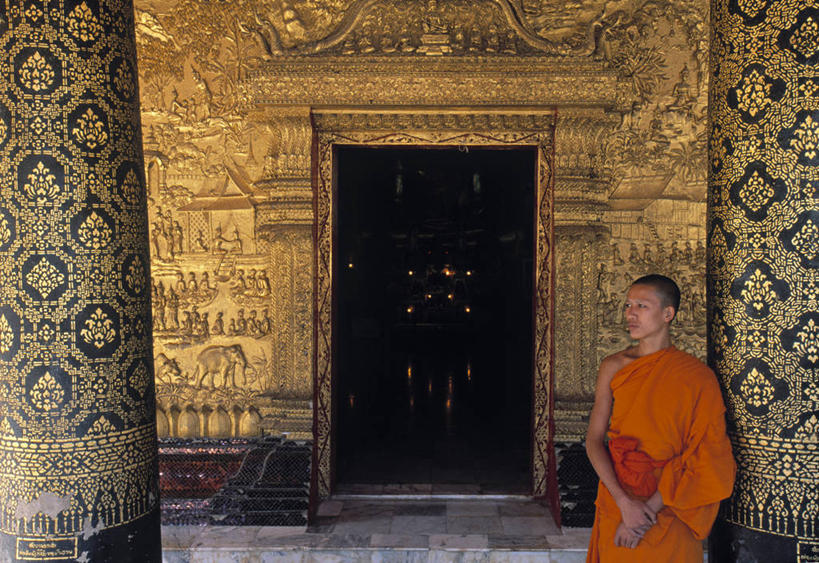 一个人,横图,老挝,亚洲,摄影,东南亚,琅勃拉邦,僧侣,彩图