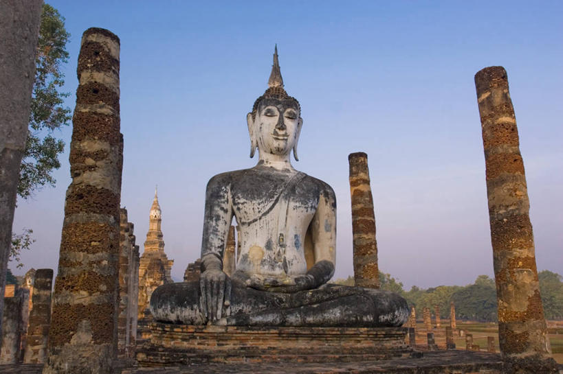 无人,横图,日出,泰国,亚洲,雕像,黎明,佛,素可泰,地标建筑,摄影,宗教,东南亚,泰国文化,彩图,素可泰遗址公园