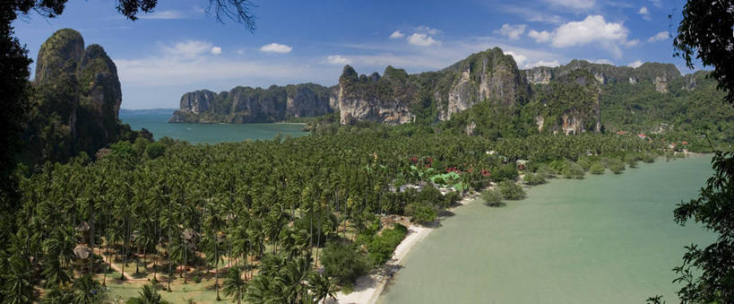 无人,横图,全景,俯视,室外,海洋,棕榈树,泰国,亚洲,海湾,树,风景,摄影,东南亚,热带气候,泰王国,石灰石,新西兰南岛,莱雷海滩,甲米,甲米府,海滩,岩石,彩图,高角度拍摄