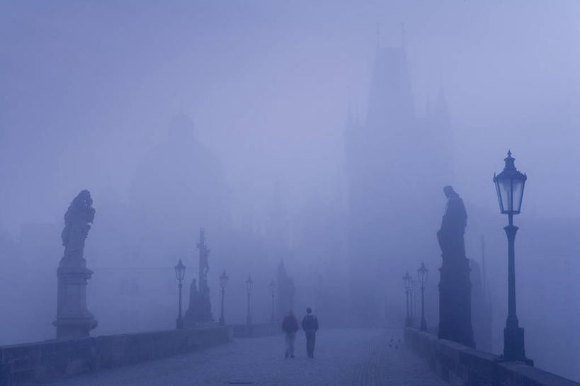 横图,雾,城市,古城,桥,首都,摄影,早晨,东欧,捷克共和国,布拉格,查理大桥,彩图,伴侣