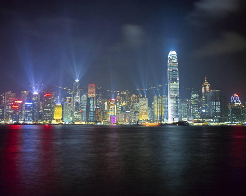 无人,横图,室外,夜晚,天际线,城市,摩天大楼,香港,亚洲,维多利亚港,摄影,九龙,香港岛,彩图