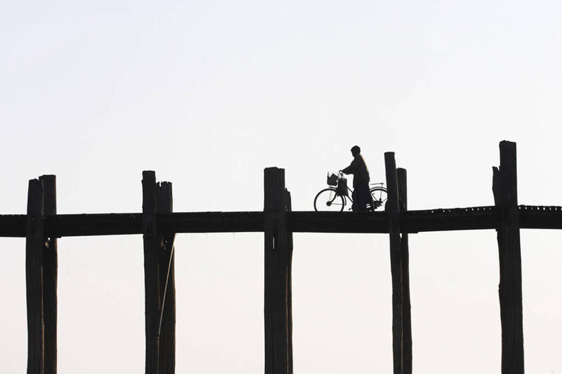 一个人,横图,自行车,缅甸,亚洲,脚踏车,摄影,东南亚,剪影,曼德勒,彩图