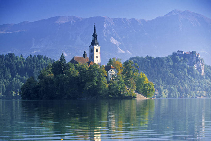 无人,教堂,横图,室外,山,山脉,欧洲,斯洛文尼亚,岛,摄影,东欧,前南斯拉夫,布雷德湖,彩图,戈雷尼