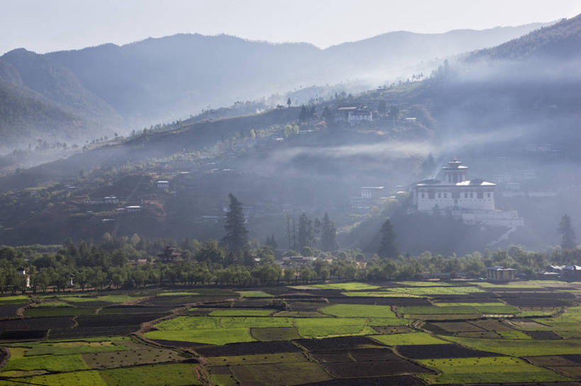 无人,农场,横图,室外,白天,农业,森林,山,山脉,雾,建筑,不丹,亚洲,房屋,田地,城镇,摄影,修道院,东亚文化,喜马拉雅山脉,印度次大陆,巴罗,彩图